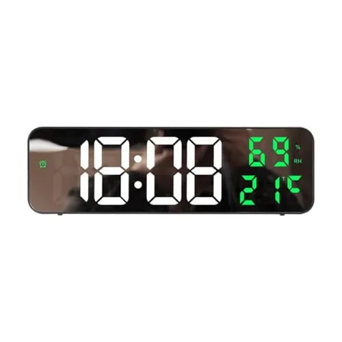 Garvee Moderne LED Digital Wanduhr mit großer Anzeige und Spiegel-Design – 12/24h Format, automatische Helligkeitsanpassung, Temperatur- & Feuchtigkeitsanzeige, leise, perfekt für Wohnzimmer,