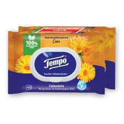 Essity Germany GmbH Tempo Kamille Feuchte Toilettentücher, Feuchtes, sanftes und besonders pflegendes Toilettenpapier, 1 Doppel-Packung = 2 x 42 Tücher, mit Verschluss 836249
