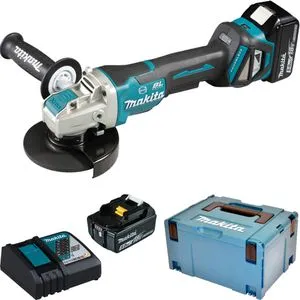 Makita DGA519RTJ Akku-Winkelschleifer 18 V - Schleifmaschinen mit 2 Akkus und Ladegerät im praktischen MAKPAC, ideal für kabelloses Arbeiten und hohe Flexibilität bei Renovierungsprojekten.
