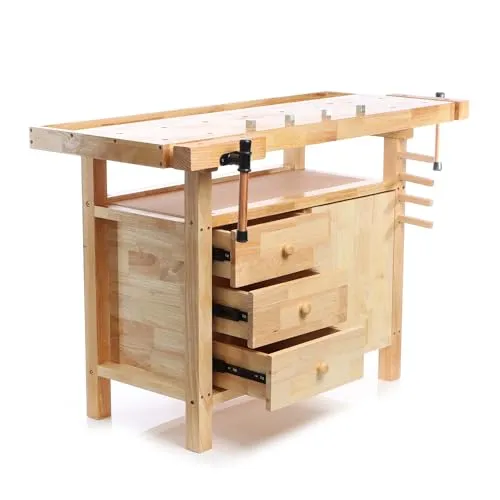 Wiltec Hobelbank 126 x 50 x 84 cm aus Holz - Werkbank aus robustem Rubberwood, bis 150 kg belastbar, mit praktischen Schubladen und Spannzangen für vielseitige Heimwerkerprojekte.