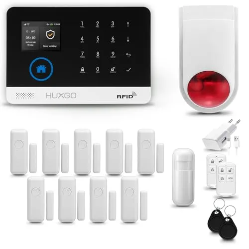 HUXGO® HXA003 Funk Alarmanlage Set WiFi + GSM mit Alarmsirene | Alarm System mit Bewegungsmelder, 9X Fensteralarm/Türsensoren | Alarmanlage fürs Haus, Wohnung, Wohnmobil | Smart Home