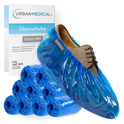 URBAN MEDICAL 50x Wasserdichte 5,5g Einweg/Mehrweg Schuhüberzieher - SOLID DRY - Reißfest & durchriebsicher Überschuhe für In- und Outdoor - ONESIZE