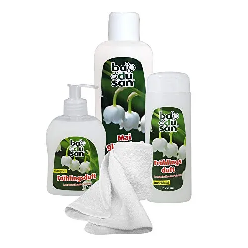 badusan Wohlfühlset Maiglöckchen 4-teilig Duschbad, Schaumbad, Flüssigseife Geschenkset mit Handtuch, Baden mit Badusan Pflegeset Beautyset Beautypaket