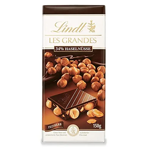Lindt Schokolade Les Grandes Haselnuss Feinherb| 150 g Tafel | Ganze Nüsse und karamellisierte Nuss-Stückchen in feinherber Schokolade | Schokoladentafel | Schokoladengeschenk