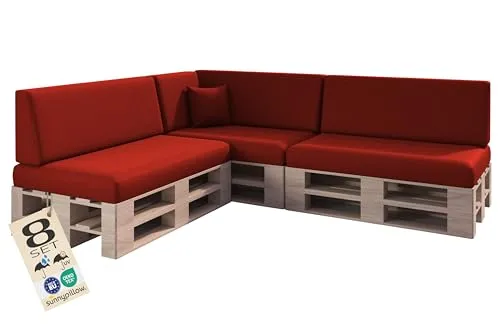 sunnypillow Palettenkissen Outdoor, wasserdicht, UV-lichtecht - 8er Set - Palettenauflage für Palettensofa für Haus und Garten - Palettenpolster für Palettenmöbel - Rückenkissen & Sitzkissen Rot