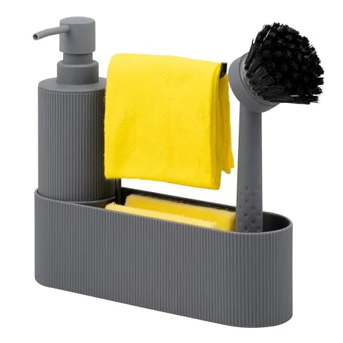 eluno Spülbecken Organizer mit Soft-Touch Oberfläche - Praktischer Spülbecken-Organizer für Küche & Bad! Mit Seifenspender, Spülbürste und Spültuchhalter sorgt er für Ordnung und schnellen Zugriff auf Ihre Abwaschutensilien. In elegantem Grau mit rutschfester Oberfläche.