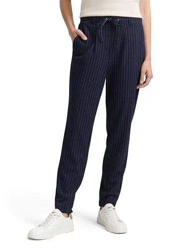 TOM TAILOR Damen Hose 1049380, Navy White Pinstripe, 34W/30L - Damen-Hosen im Loose Fit mit elastischem Bund und Kordelzug. Ideal für Arbeit und Freizeit, aus hochwertigem Jersey-Stoff mit feiner Nadelstreifen-Struktur.