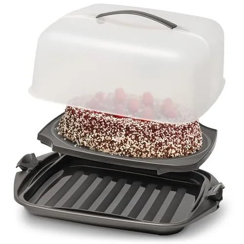 Hausfelder Kuchentransportbox quadratisch 28,5 x 28,5 x 13,5 cm – Aufbewahrungsbox mit Deckel – Kuchenbehälter für Gugelhupf, Muffins, Blechkuchen