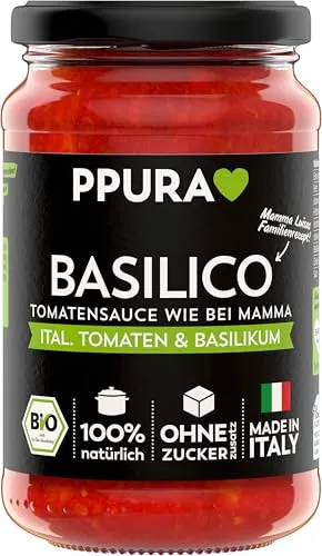 PPURA Bio Tomatensauce Basilico - Saucen mit 100% natürlichen Zutaten, vegan und ohne Zuckerzusatz - der perfekte Begleiter für Pasta und ein Hauch Italien in jedem Bissen.