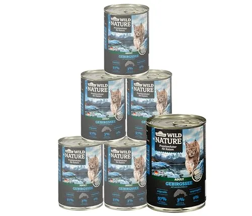 Dehner Wild Nature Katzenfutter Gebirgssee, Nassfutter getreidefrei, für ausgewachsene Katzen, Lachs / Forelle, 6 x 400 g Dose (2.4 kg)