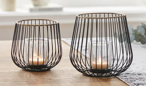 Windlicht Metall Glas Modern, 2er Set 11 & 13 cm hoch, Teelicht Halter