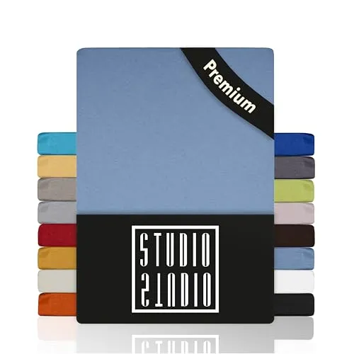 STUDIO Premium Spannbettlaken 180x200cm, 180x220cm, 200x200cm & 200x220cm – Jersey-Spannbetttuch aus 97 % Baumwolle & 3 % Elastan – Mittelblau – Öko-Tex Zertifiziert bügelfrei – für Matratzen 15–35cm
