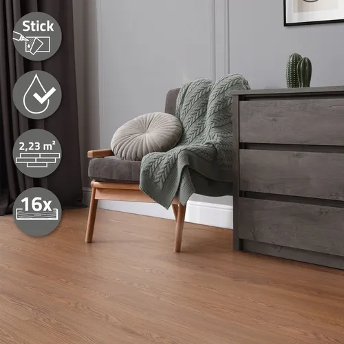 ML-DESIGN Klebe-Vinylboden in Holzoptik - Vinylboden in Holzoptik, selbstklebend, pflegeleicht und ideal für eine elegante Raumgestaltung. Fläche von 2,23 m² mit 16 Dielen.