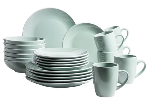 MÄSER Serie Elissa 24-teiliges Kombiservice (grün) - Tafelservice aus Keramik, spülmaschinen- und mikrowellengeeignet, beinhaltet 6 flache Teller, Dessertteller, Schüsseln und Kaffeebecher für stilvolle Mahlzeiten.