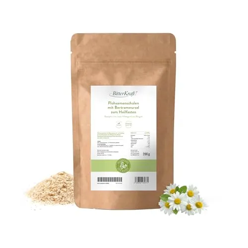 Bitterkraft! Flohsamenschalen mit Bertramwurzel – 200g – ballaststoffreich – ideal fürs Heilfasten und Basenfasten – für Müsli, Joghurt und Smoothie – 100% Natur – Made in Germany