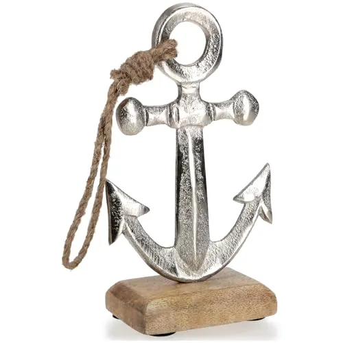 com-four® Deko Aufsteller Anker - Maritime Dekofigur - Metall-Skulptur auf Mangoholz-Sockel - Deko-Anker mit Juteseil zum Hinstellen und Dekorieren - nautisches Dekoelement