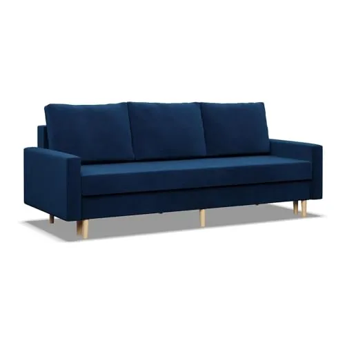 Mebligo - Sofa mit Schlaffunktion und Bettkasten Blank, 3 Sitzer Sofa 212 cm Breit, Schlafsofa, Ausziehbares Couch auf Holzfüßen,Schlafcouch - Blau