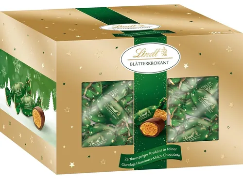 Lindt Blätterkrokant Kugeln 25 Stück - Schokoladenbonbons & Pralinen, köstliche Pralinen mit knusprigem Krokant, perfekt für die festliche Weihnachtszeit.