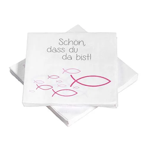 Servietten Fische Ichthys 'Schön, dass du da bist!' 33x33 cm - pink - für Kommunion, Taufe oder andere festliche Anlässe 20