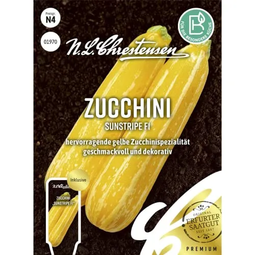 Zucchini Sunstripe F1, hervorragende gelbe Zucchinispezialität, Samen