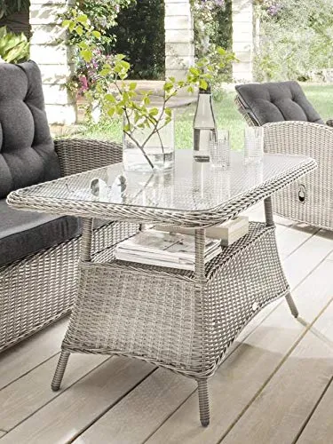 Destiny Gartentisch Casa/Merano 120x77x66cm, Vintage weiß - Esstisch aus wetterfestem Polyrattan und stabilem Aluminiumgestell, ideal für Garten und Terrasse. Mit edler Klarglasplatte in Vintage weiß.