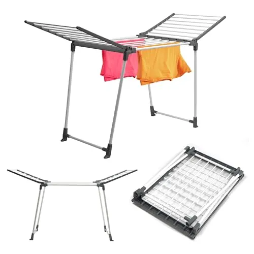 KADAX großer Wäscheständer, klappbarer Wäschetrockner mit 2 Flügeln - Wäscheständer mit 15m Trockenfläche, stabil und robust aus pulverbeschichtetem Stahl, ideal für drinnen und draußen, leicht zu transportieren.