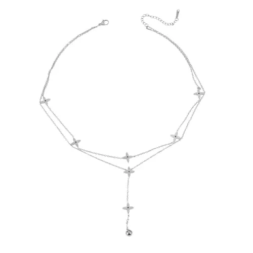 Sanixa Karma NH11031330 Halskette Stern Silber Damen Edelstahl Layering Kette 40 cm Karabinerverschluss Layeringkette Geschenk für Frauen Edelstahlkette (Silber)