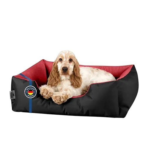 BedDog Hundebett LUPI, Hundekissen mit Abziehbaren Waschbaren Bezug, Hundekorb, Hundesofa, für Kleine Hunde, S, schwarz-rot