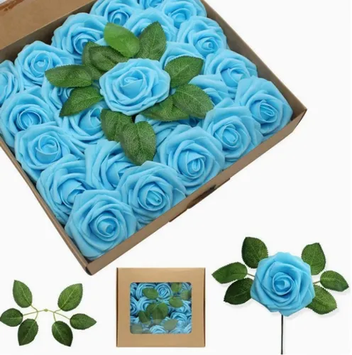 Künstliche Blumen Rosen, 25 Stück Deko Blumen Fake Rosen kunstblume für DIY Hochzeit, Valentinstag,Blumensträuße Braut Zuhause Dekoration Blau