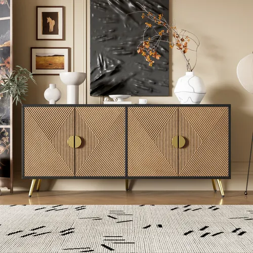 Merax Sideboard in Holzoptik mit 4 Türen und Goldgriffen