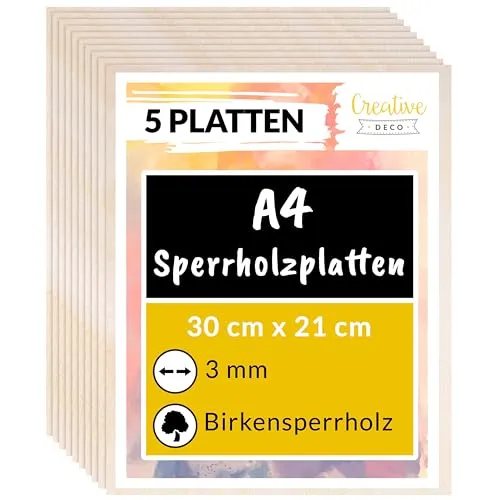 Creative Deco 5 x A4 Sperrholzplatte 3mm | 300 x 210 (+/- 2) mm | Birkensperrholz Dünne Holz-Zuschnitte | Perfektes Blatt für Laubsäge, Brandmalerei, Laserschnitt, CNC Router