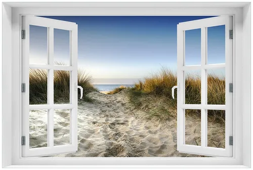 Wallario Glasbild Fenster-Illusion 60 x 90 cm mit Fensterrahmen- Weg durch