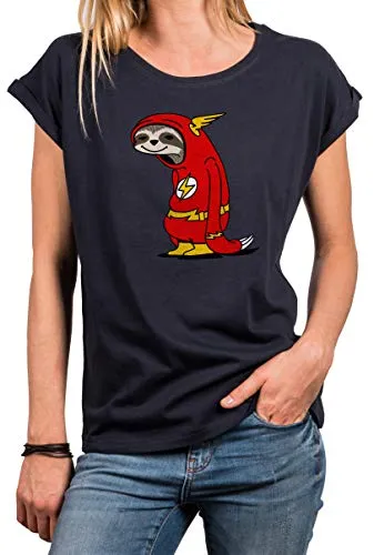 MAKAYA Lustiges T-Shirt für Damen - Flash Faultier - Lässiges Kurzarm T-Shirt in Dunkelblau, aus gekämmter Baumwolle für optimalen Tragekomfort. Ideal als Geschenk und perfekt für entspannte Anlässe.