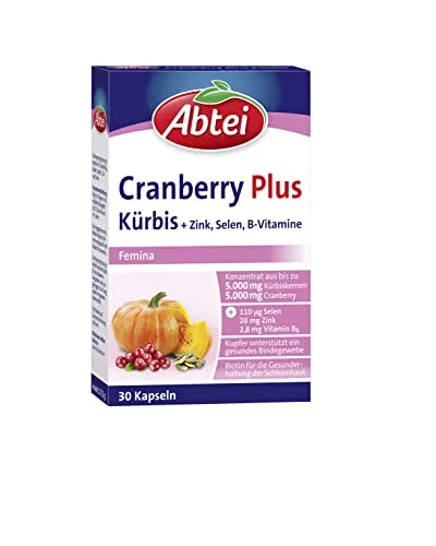 Abtei Cranberry Plus Kürbis - hochdosierte Kapseln für Frauen - Hochdosierte Kapseln mit wertvollem Kürbiskern-Extrakt und Cranberry für die Unterstützung von Bindegewebe und Schleimhäuten. Ideal für Frauen, die auf ihre Gesundheit achten.