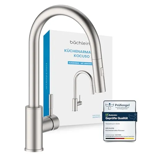 Bächlein Küchenarmatur Kocuso – 360° schwenkbar, ausziehbar und mit Brause - Berührbare Wasserhähne für die Küche – Hochwertige Einhand-Spültischbatterie mit innovativem Perlatorsystem für optimale Strahlqualität und Langlebigkeit.