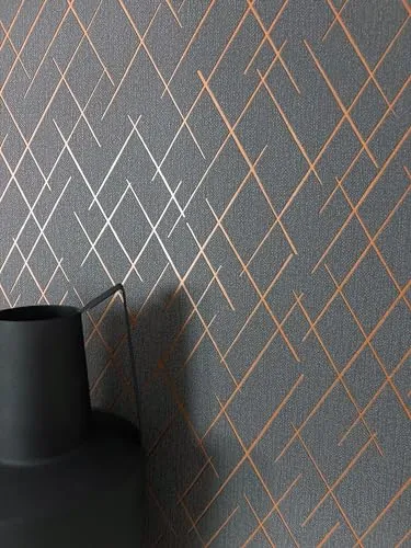 Newroom Tapete Anthrazit Vliestapete Linien - Mustertapete Modern Kupfer Orange Striche Leicht glänzend Retro Grafisch Grafik-Tapete Metallic inkl. Tapezier-Ratgeber