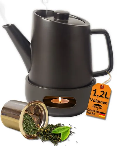 DEKAZIA Teekanne aus Keramik 1,2 L Volumen mit Stövchen für langanhaltend warmen Tee, (mit Stövchen und feinmaschigem Edelstahl Teesieb), inkl. Edelstahl Teesieb für losen Tee und Stövchen