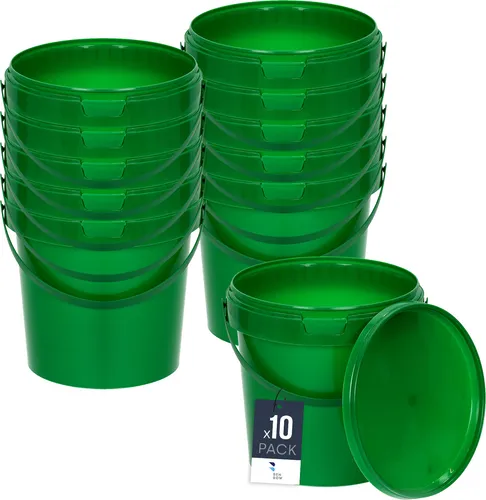 BenBow Eimer mit Deckel 1L x10 Grün - lebensmittelecht, stabil, luftdicht, auslaufsicher, geruchsneutral - Plastikeimer mit Henkel - leer