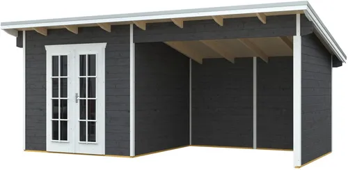 Skanholz Gartenhaus Texel, 590x310 cm - Schiefergrau - Gartenhaus aus robustem Blockbohlensystem mit Pultdach, ideal für Stauraum und Freizeitgestaltung im Garten. Maße: 590x310 cm, Materialstärke 28 mm.