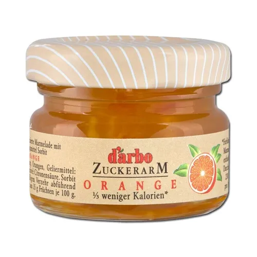 Darbo Zuckerarm Orangen Marmelade im Miniglas - 60 Stück - Zuckerreduzierte Marmelade mit frischem Orangengeschmack, ideal für gesundheitsbewusste Genießer und perfekt für das Frühstück.