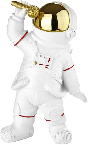 BRUBAKER Dekofigur Astronaut Sänger - 20 cm Spaceman Weltraum Figur mit Mikrofon und verchromtem Helm - Handbemalte Moderne Raumfahrt Statue für Musiker - Weiß und Gold