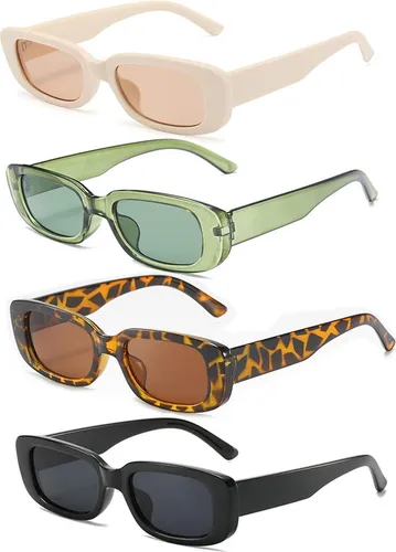 Unning 4er Set Rechteckige Retro Sonnenbrillen für Damen - Vielseitiges Set mit 4 stilvollen Sonnenbrillen in Schwarz, Braun, Beige und Transparent Grün. Ideal für jeden Anlass – vom Strandurlaub bis zum Stadtbummel. Hochwertige, leichte Materialien sorgen für Komfort und Langlebigkeit.
