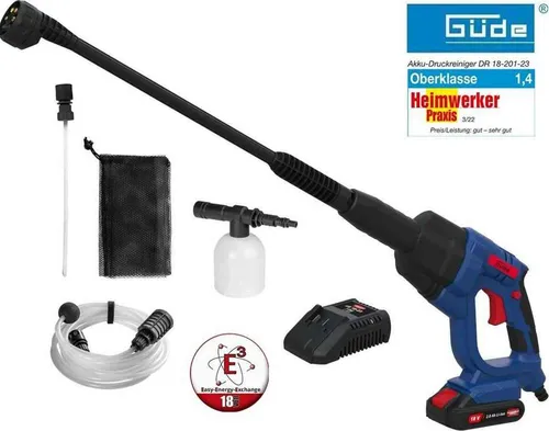 GÜDE Akku Druckreiniger DR 18-201-23 – Flexibel und kraftvoll - Akkubetriebener Druckreiniger mit 18V E³ Akkusystem. Ideal für die mobile Reinigung, inklusive Akku und Ladegerät. Effizienter Einsatz für verschiedene Oberflächen.