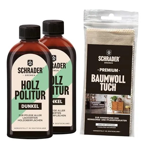 SCHRADER Holz Politur dunkel - 2x 250ml Möbelpolitur mit Poliertuch - Pflegende Möbelpolitur für dunkle Holzarten wie Nussbaum und Teak. Erneuert die Holzfarbe und entfernt Flecken, Kratzer und Nikotin. Made in Germany für Premium-Qualität.