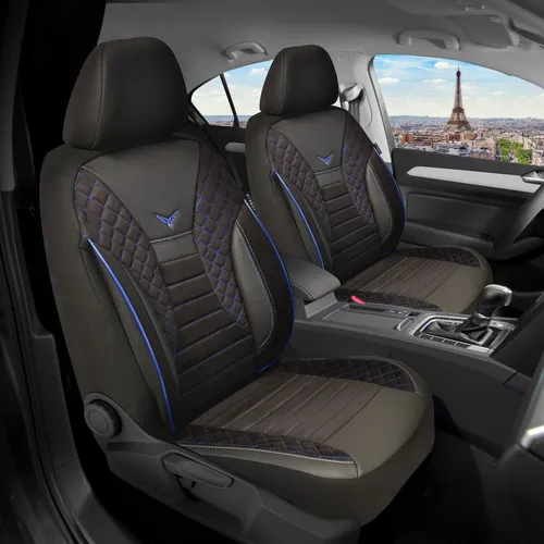 Land Rover Defender 2 Schonbezüge PS806 in Schwarz/Blaue Naht - Autositzbezüge für Vordersitze, maßgeschneidert, komfortabel und für Airbags sowie Sitzheizung geeignet. Einfache Montage und elegantes Design für Ihr Fahrzeug.