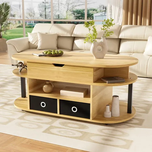 okwish Couchtisch Sideboard BeistelltischVitrineAufbewahrungsschrankvielseitiger Aufbewahrung,mit Hebefunktion, mit Schubladenschwarz+holz