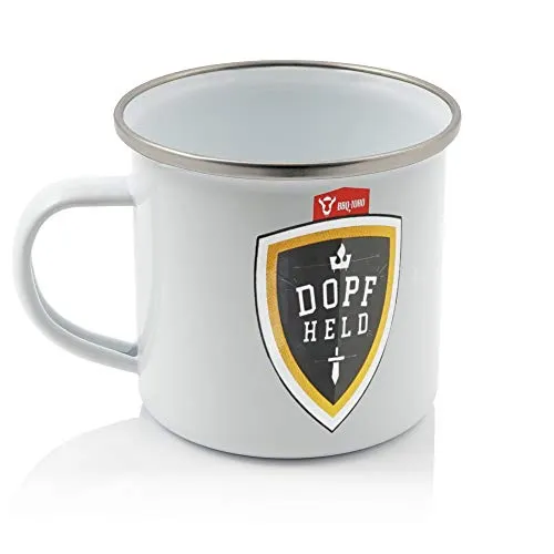 BBQ-Toro Emaille Tasse Dopfheld | 350 ml - weiß | Emaillebecher mit Edelstahl Trinkrand | Emaille Becher, Camping Kaffeebecher Metall, Outdoor Tasse Emaille | Camping Zubehör