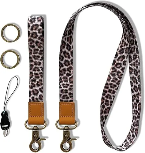 Puedno Schlüsselband,Leopardenmuster Umhängeband Universal mit 2 Metallringen,Lanyard Umhängeband und Schlüsselbänder Wristlet Lang und Kurz 2-Teiliges Set für Handy Schlüssel Arbeitskarte Unisex