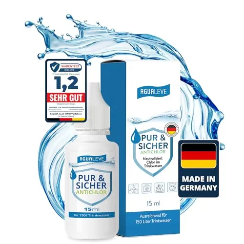 AGUALEVE® Antichlor 15ml für 150l Wasser *NEU* | Neutralisiert Chlor im Trinkwasser | Perfekt für Reisen und nach Wasserentkeimungstabletten | Markenqualität Made in Germany | mit Note 1,2 getestet
