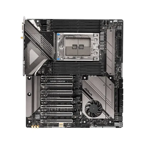 ASROCK WRX80 CREATOR WRX8 R2.0 Motherboard - E-ATX Mainboard mit sWRX8 Sockel, ideal für leistungsstarke Workstations. Ausgestattet mit 10 Gigabit LAN, Wi-Fi 6E und umfangreicher Anschlussvielfalt.